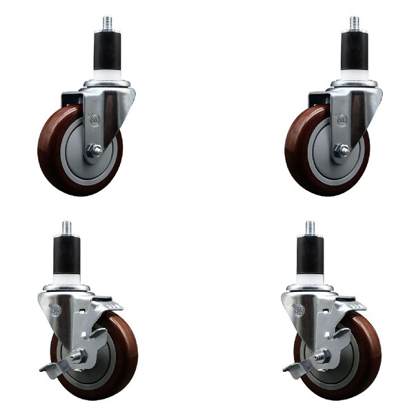 Service Caster 4'' SS Maroon Poly Wheel Swivel 1-1/2'' Expanding Stem Caster Set 2 Brakes, 4PK SCC-SSEX20S414-PPUB-MRN-2-TLB-2-112 - main
